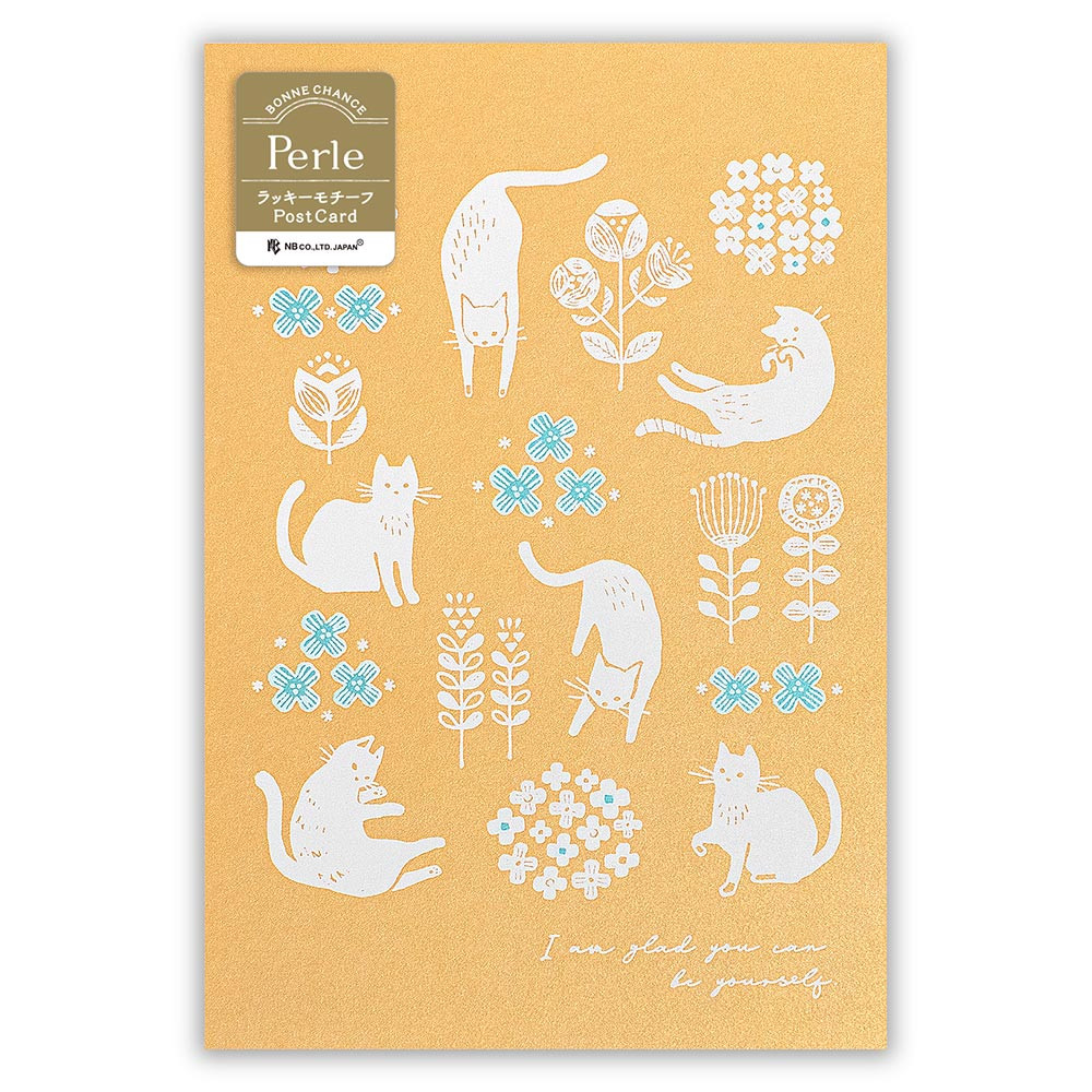 ポストカード　ペルル　白ネコと花