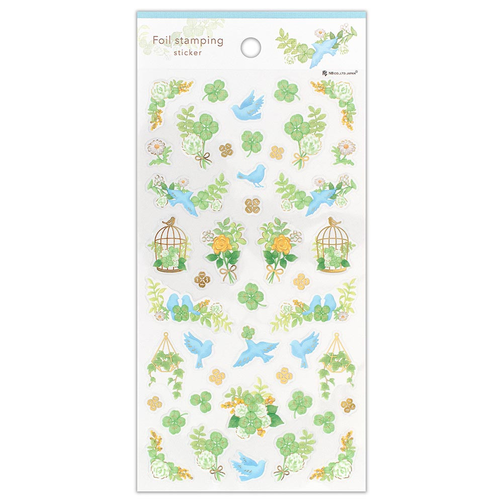 透明シール大　箔押し　鳥とグリーン